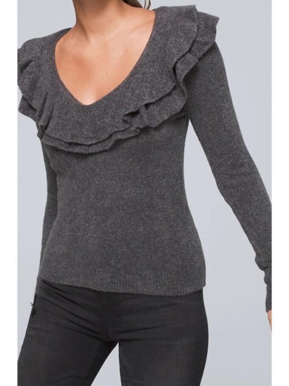 White House Black Market Gray Scoop neck Ruffle Wool Sweater